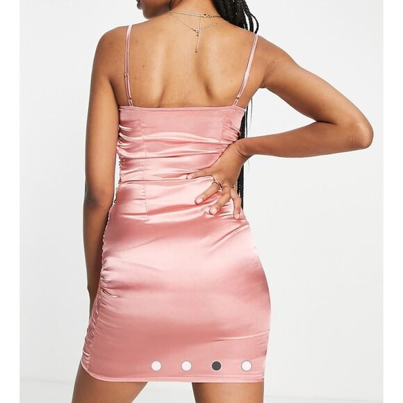 NWT Ruched Blush Satin Mini Slip Dress SZ 10 Tall Elegant Coquette Office Siren - Picture 2 of 16